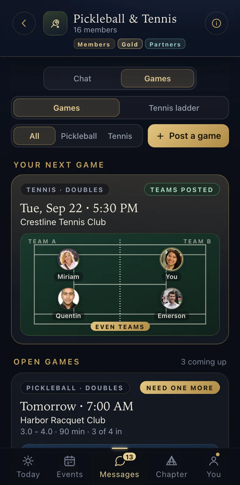 Pickleball & Tennis - the board of open games, with the one that needs one more player